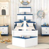 Blue Twin Platform Bed with Trundle & Storage - High Quality Pine Wood - Space-Saving Boat Shape