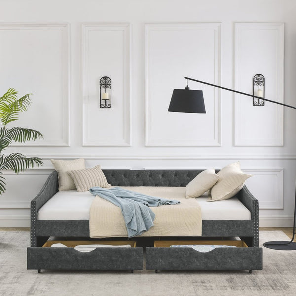 English Elm Queen Upholstered Tufted Daybed Sofa with Storage Drawers and Nailhead Arm Detail W1413S00192