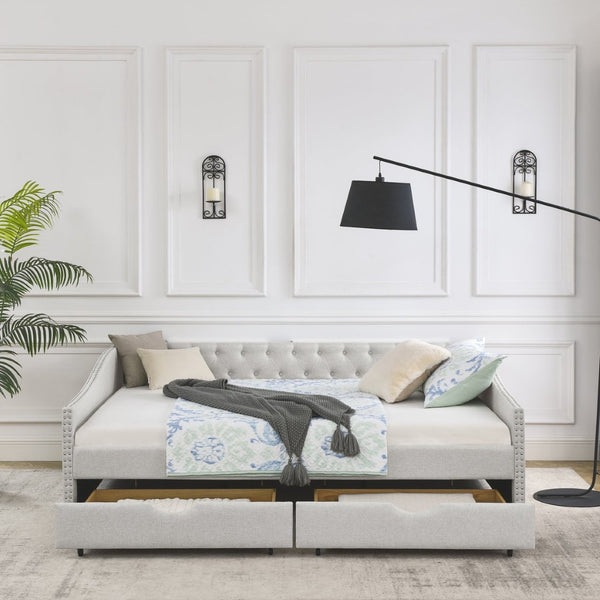 English Elm Queen Upholstered Tufted Daybed Sofa with Storage Drawers and Nailhead Arm Detail Beige W1413S00193