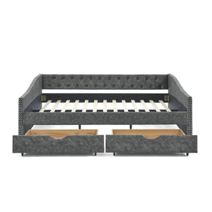 English Elm Queen Upholstered Tufted Daybed Sofa with Storage Drawers and Nailhead Arm Detail W1413S00192