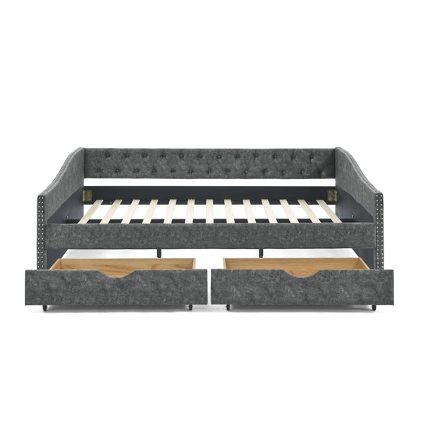 English Elm Queen Upholstered Tufted Daybed Sofa with Storage Drawers and Nailhead Arm Detail W1413S00192
