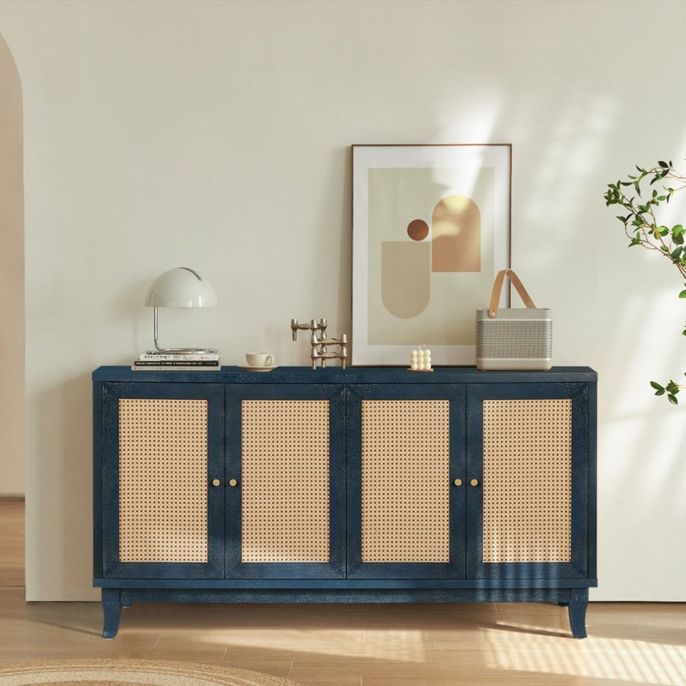 English Elm Handcrafted Rattan Door Sideboard with Adjustable Shelves for Bohemian Living Rooms W144583482