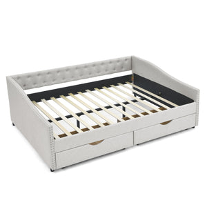 English Elm Queen Upholstery Daybed with Storage Drawers, Tufted Back & Nailhead Arms, 80"x60" Sleeper, 500lb Capacity Beige W1413S00010