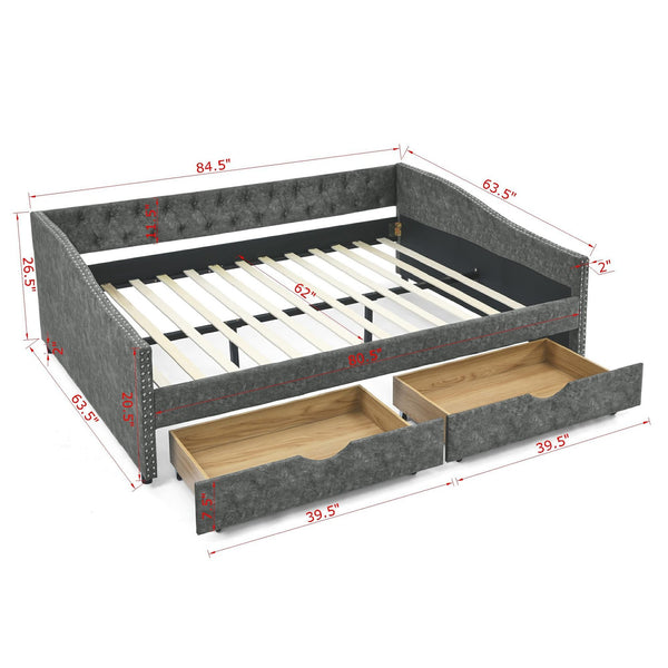 English Elm Queen Upholstery Daybed with Storage Drawers, Tufted Back & Nailhead Arms, 80"x60" Sleeper, 500lb Capacity Grey W1413S00009