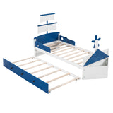 English Elm Twin Size Boat-Shaped Platform Bed With Twin Size Trundle,Twin Bed With Storage For Bedroom,Blue