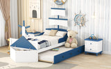 English Elm Twin Size Boat-Shaped Platform Bed With Twin Size Trundle,Twin Bed With Storage For Bedroom,Blue