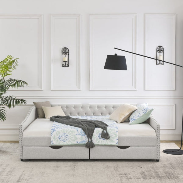 English Elm Queen Upholstered Tufted Daybed Sofa with Storage Drawers and Nailhead Arm Detail Beige W1413S00193