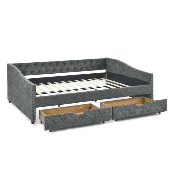 English Elm Queen Upholstered Tufted Daybed Sofa with Storage Drawers and Nailhead Arm Detail W1413S00192