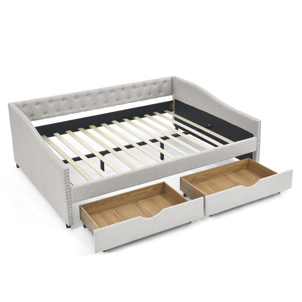 English Elm Queen Upholstery Daybed with Storage Drawers, Tufted Back & Nailhead Arms, 80"x60" Sleeper, 500lb Capacity Beige W1413S00010