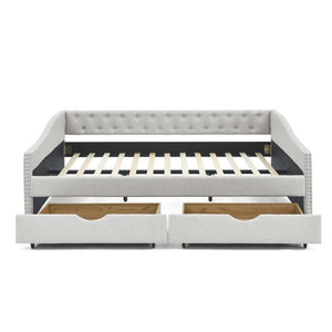 English Elm Queen Upholstered Tufted Daybed Sofa with Storage Drawers and Nailhead Arm Detail Beige W1413S00193