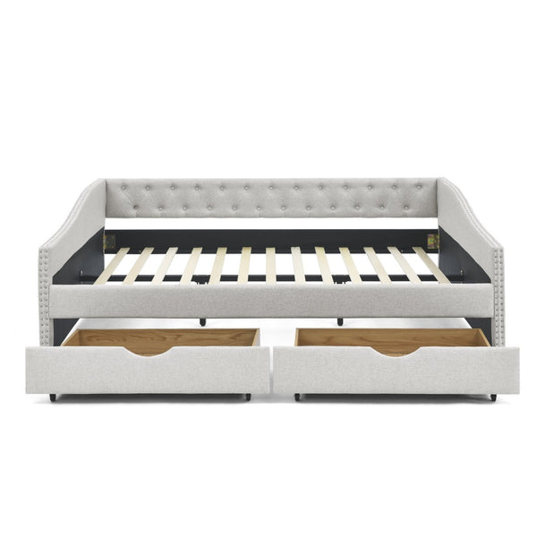 English Elm Queen Upholstered Tufted Daybed Sofa with Storage Drawers and Nailhead Arm Detail Beige W1413S00193