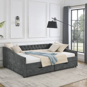 English Elm Queen Upholstery Daybed with Storage Drawers, Tufted Back & Nailhead Arms, 80"x60" Sleeper, 500lb Capacity Grey W1413S00009