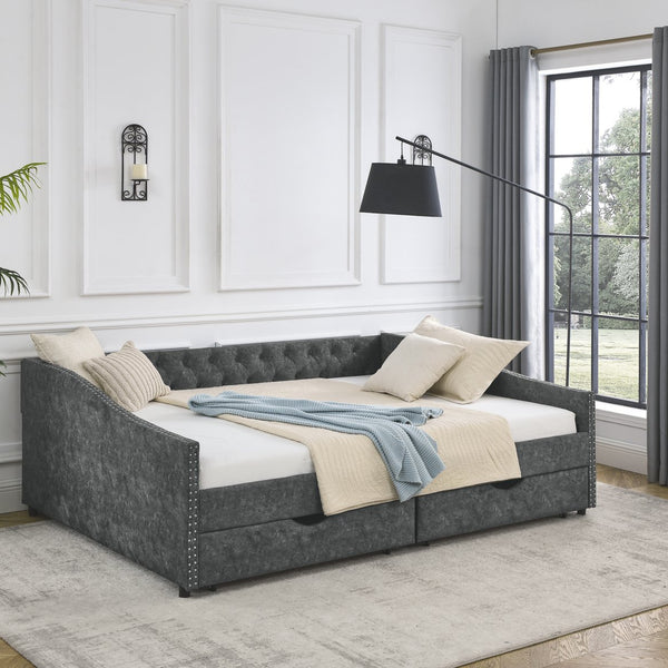 English Elm Queen Upholstery Daybed with Storage Drawers, Tufted Back & Nailhead Arms, 80"x60" Sleeper, 500lb Capacity Grey W1413S00009