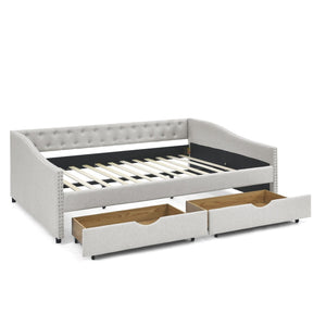 English Elm Queen Upholstered Tufted Daybed Sofa with Storage Drawers and Nailhead Arm Detail Beige W1413S00193