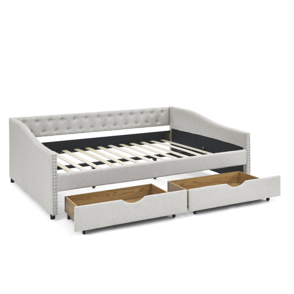 English Elm Queen Upholstered Tufted Daybed Sofa with Storage Drawers and Nailhead Arm Detail Beige W1413S00193