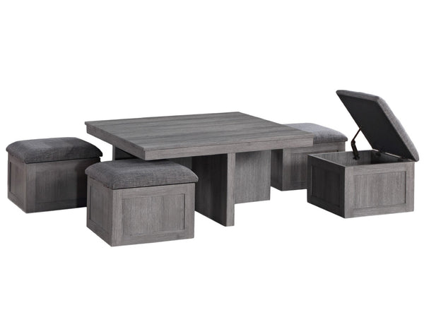 English Elm Moseberg Square Coffee Table with Four Nesting Upholstered Stools Industrial Gray Finish B061110714