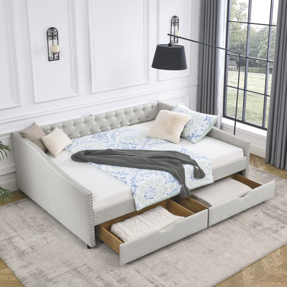 English Elm Queen Upholstered Tufted Daybed Sofa with Storage Drawers and Nailhead Arm Detail Beige W1413S00193