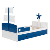 English Elm Twin Size Boat-Shaped Platform Bed With Twin Size Trundle,Twin Bed With Storage For Bedroom,Blue