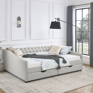 English Elm Queen Upholstered Tufted Daybed Sofa with Storage Drawers and Nailhead Arm Detail Beige W1413S00193