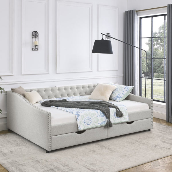 English Elm Queen Upholstered Tufted Daybed Sofa with Storage Drawers and Nailhead Arm Detail Beige W1413S00193