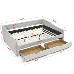 English Elm Queen Upholstery Daybed with Storage Drawers, Tufted Back & Nailhead Arms, 80"x60" Sleeper, 500lb Capacity Beige W1413S00010