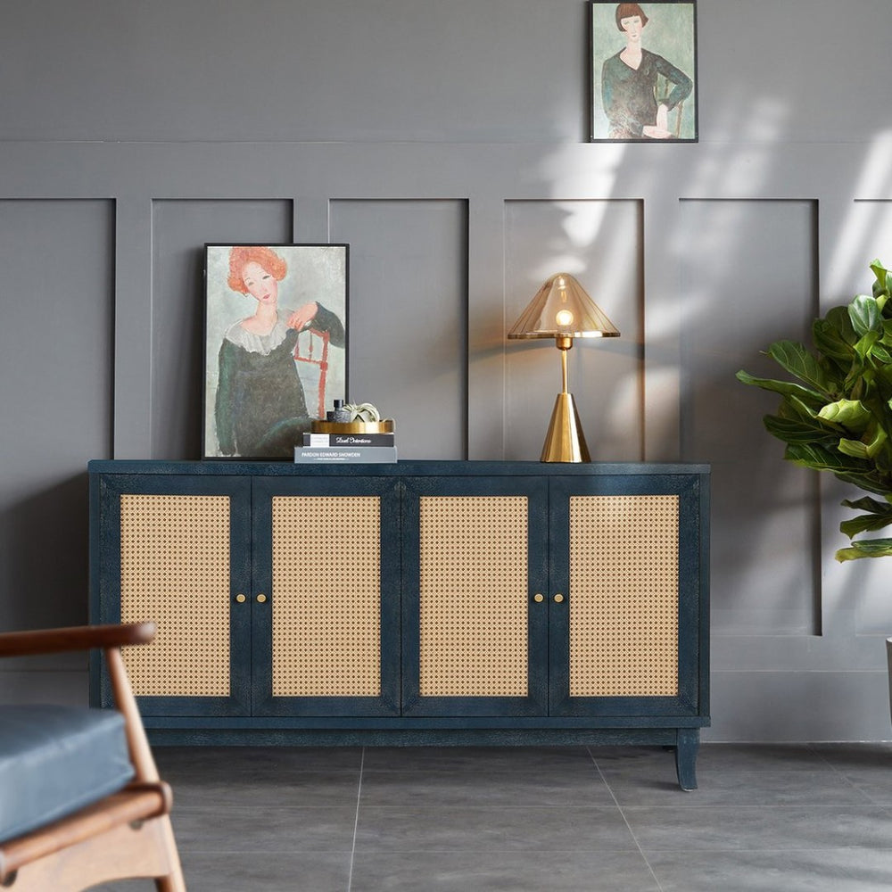 English Elm Handcrafted Rattan Door Sideboard with Adjustable Shelves for Bohemian Living Rooms W144583482