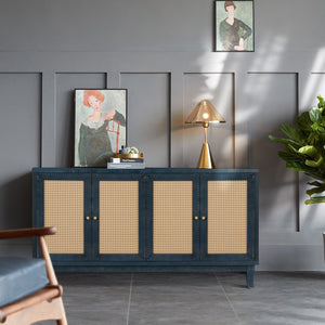 English Elm Handcrafted Rattan Door Sideboard with Adjustable Shelves for Bohemian Living Rooms W144583482