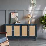 Handcrafted Premium Grain Panels, Rattan Sideboard Buffer Cabinet, Accent Storage Cabinet with 4 Rattan Doors, Modern Storage Cupboard Console Table with Adjustable Shelves For Living Room , Blue