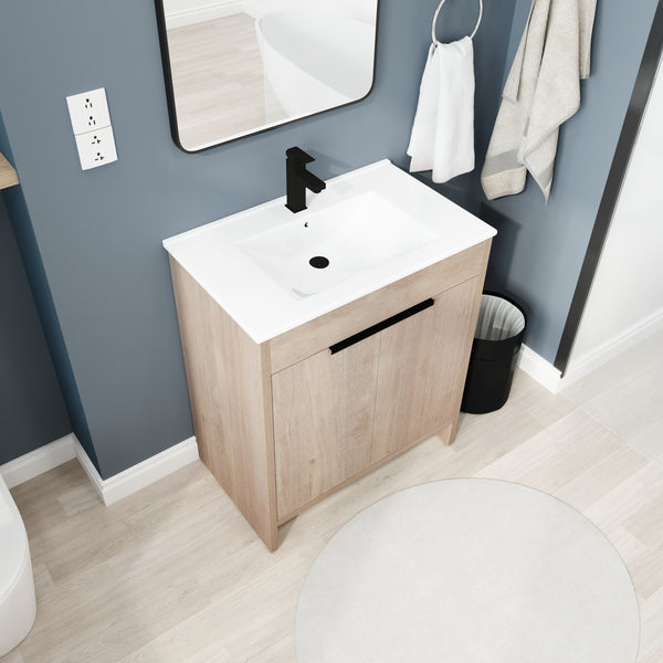 English Elm 30 Inch Freestanding Bathroom Vanity With White Ceramic Sink & Soft-Close Doors For Modern Spaces W999S00085