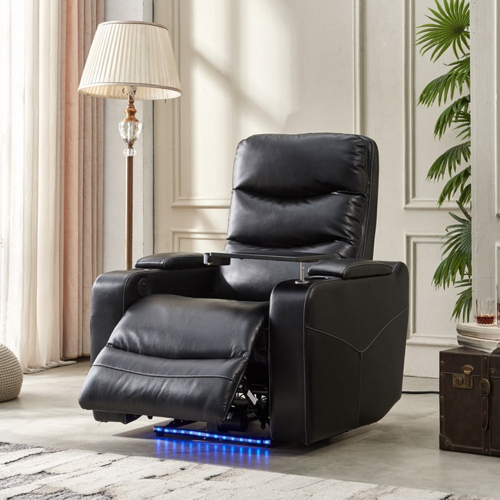 English Elm M062 Power Recliner Faux Leather Chair with Led Lighting Usb Port and Storage Black W1805S00032