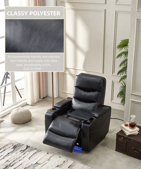 English Elm M062 Power Recliner Faux Leather Chair with Led Lighting Usb Port and Storage Black W1805S00031