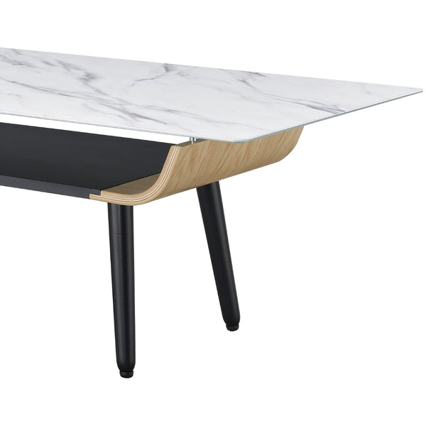 English Elm Landon Mid-century Coffee Table Marble Texture Glass Top Bent Wood Living Room White B061103279
