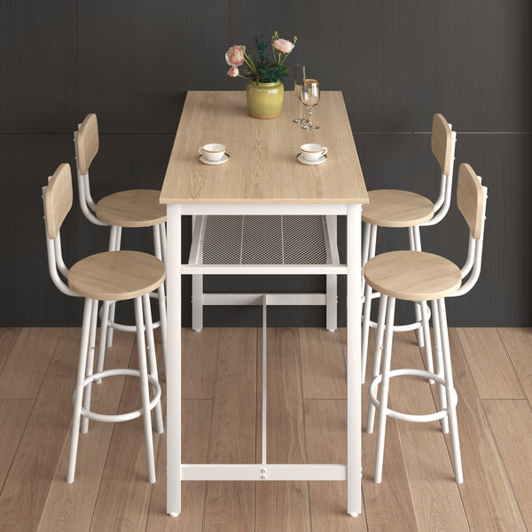 English Elm 5-Piece Espresso Counter Height Dining Set with Retro Distressed Top, Sturdy Metal Frame & 4 Stools White Oak W578104485