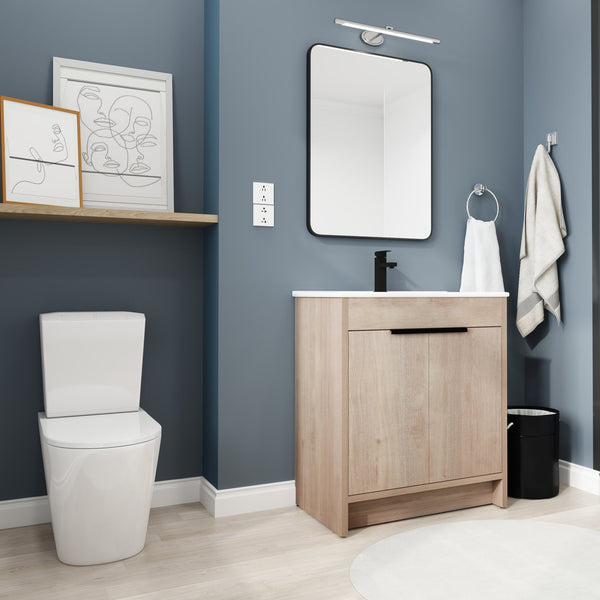 English Elm 30 Inch Freestanding Bathroom Vanity With White Ceramic Sink & Soft-Close Doors For Modern Spaces W999S00085