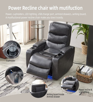 English Elm M062 Power Recliner Faux Leather Chair with Led Lighting Usb Port and Storage Gray W1805S00033