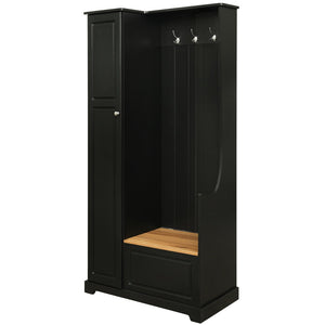 English Elm On-trend Matte Finish Hall Tree with Flip Bench Shoe Storage and Hanging Hooks Black WF304223AAB