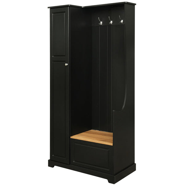 English Elm On-trend Matte Finish Hall Tree with Flip Bench Shoe Storage and Hanging Hooks Black WF304223AAB