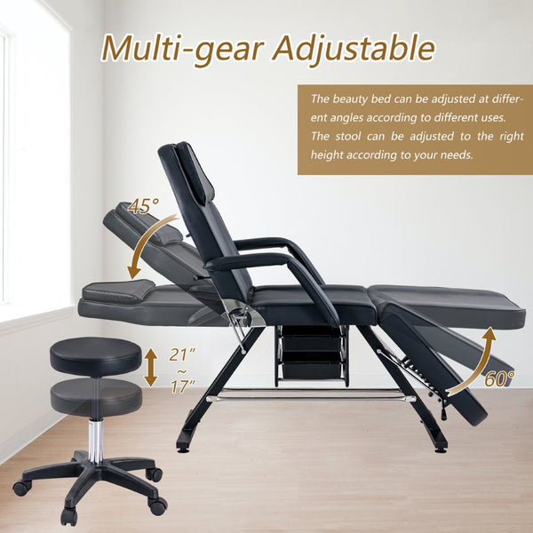 English Elm Massage Salon Bed with Hydraulic Stool Two Trays Faux Leather Spa Treatment Table Black W1422132166
