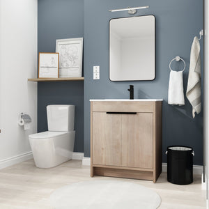 English Elm 30 Inch Freestanding Bathroom Vanity With White Ceramic Sink & Soft-Close Doors For Modern Spaces W999S00085