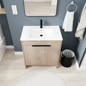 English Elm 30 Inch Freestanding Bathroom Vanity With White Ceramic Sink & Soft-Close Doors For Modern Spaces W999S00085