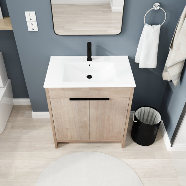 English Elm 30 Inch Freestanding Bathroom Vanity With White Ceramic Sink & Soft-Close Doors For Modern Spaces W999S00085