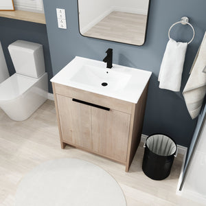 English Elm 30 Inch Freestanding Bathroom Vanity With White Ceramic Sink & Soft-Close Doors For Modern Spaces W999S00085