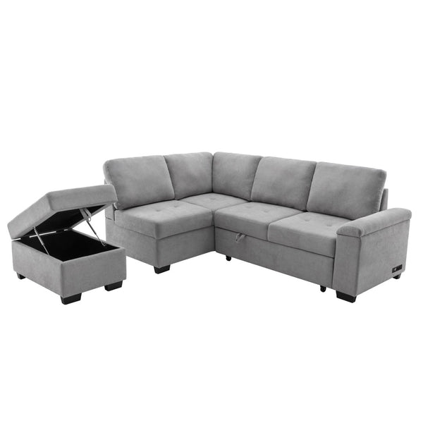 English Elm Sleeper Sectional Velvet Sofa with Usb Ports Ottoman Storage for Apartment Living SG000250AAE