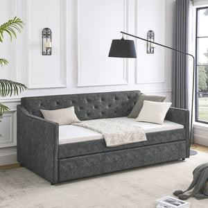 English Elm Twin Size Daybed With Trundle - Elegant Upholstered Sofa Bed With Tufted Design & Waved Arms In Grey W1413S00011-GIGA