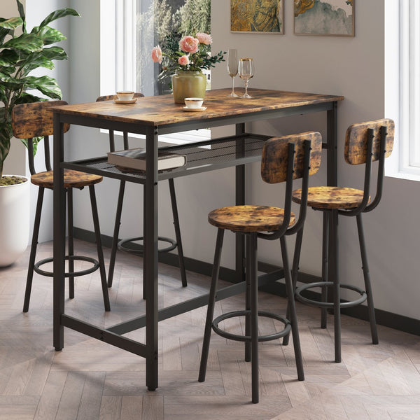 English Elm 5-Piece Espresso Counter Height Dining Set with Retro Distressed Top, Sturdy Metal Frame & 4 Stools Brown W578104486
