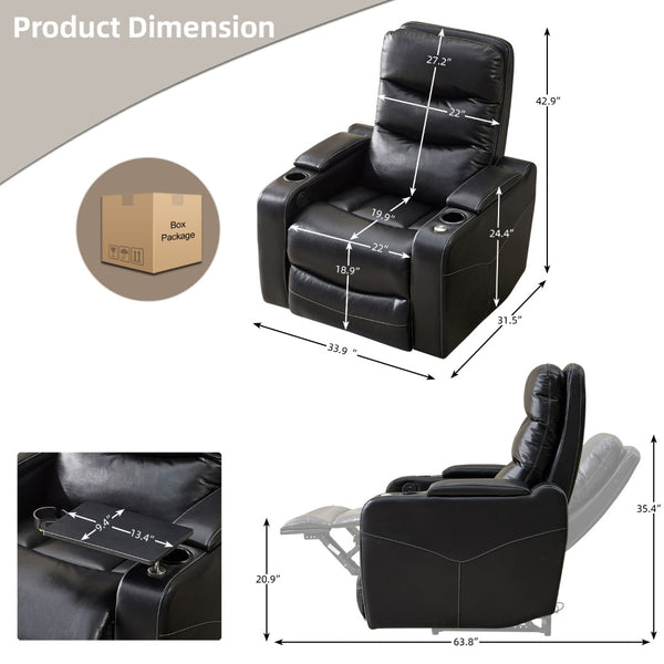 English Elm M062 Power Recliner Faux Leather Chair with Led Lighting Usb Port and Storage Black W1805S00030