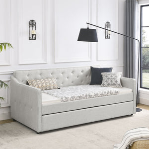 English Elm Twin Size Daybed With Trundle - Upholstered Tufted Sofa Bed, Chic Waved Arms, Ideal For Guests W1413S00012-GIGA