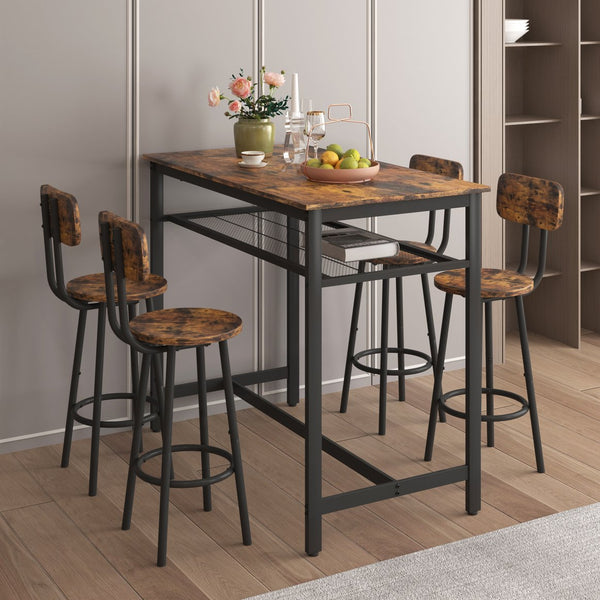 English Elm 5-Piece Espresso Counter Height Dining Set with Retro Distressed Top, Sturdy Metal Frame & 4 Stools Brown W578104486