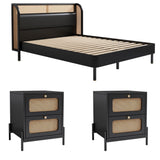 Kyle 3-Piece Bedroom Set with Platform Queen Bed and 2 Nightstands, Black and Natural