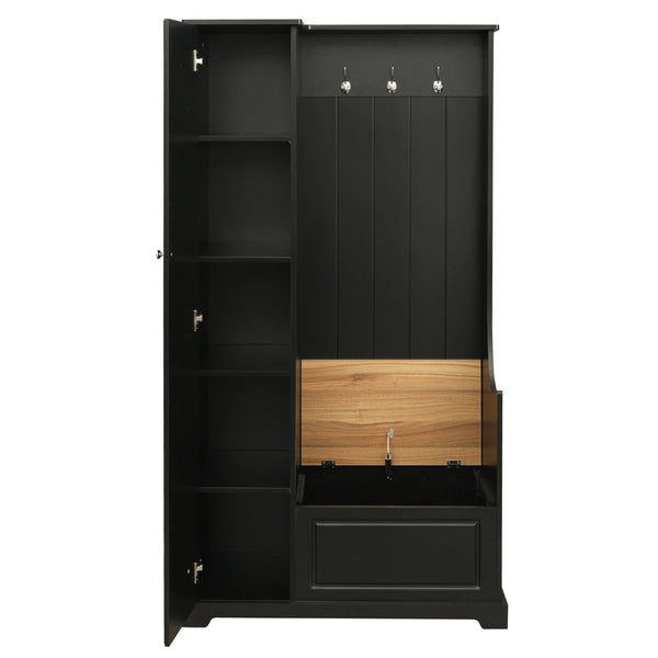 English Elm On-trend Matte Finish Hall Tree with Flip Bench Shoe Storage and Hanging Hooks Black WF304223AAB